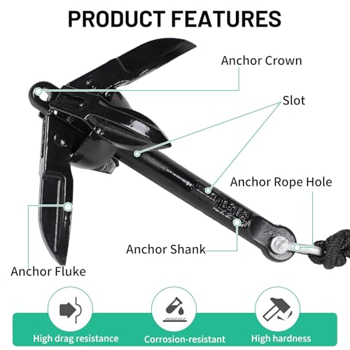 SWAWIS Anker Boot 0,7KG Bootsanker Bootszubehör Klappanker Sup Anker mit 20M Ankerleine Bojenkugel und Aufbewahrungstasche für Schlauchboot Belly Boot Tretboot Paddelboot, Schwarz