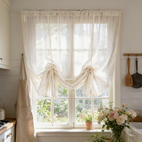 Beige Crochet Linen Striped Tie Up Sheer Curtain Valance for Kitchen Window