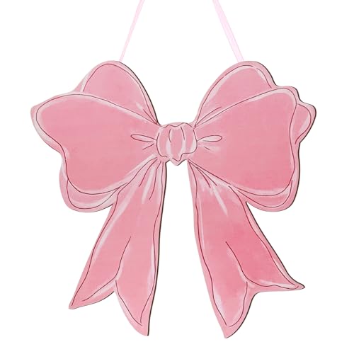 RattanView Pink Bow Wooden Hanging Sign Coquette Bow Wall Hanging Hanger Cute Preppy Wall Art Bowknot Welcome Door Sign Girly Decor for Girls Room College Dorm Apartment Indoor Outdoor Porch