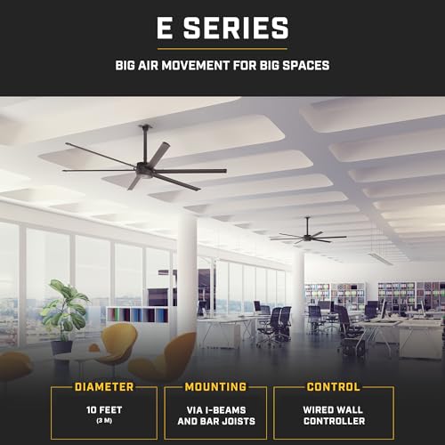 Image of Big Ass Fans E Series 10 ft Industrial 6 Blade Ceiling Fan Gearless Direct Drive Motor, High Volume Low Speed, Wired Wall Controller, 110-125V /1ph - Stealth Black