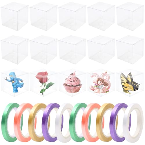 15 Pezzi Scatola Trasparente per Bomboniere, Scatole Plastica Trasparente per Regalo con Coperchio, Scatola Plastica Piccola con Nastro per Bomboniere, Caramelle, Feste di Nozze (9x9x9cm)