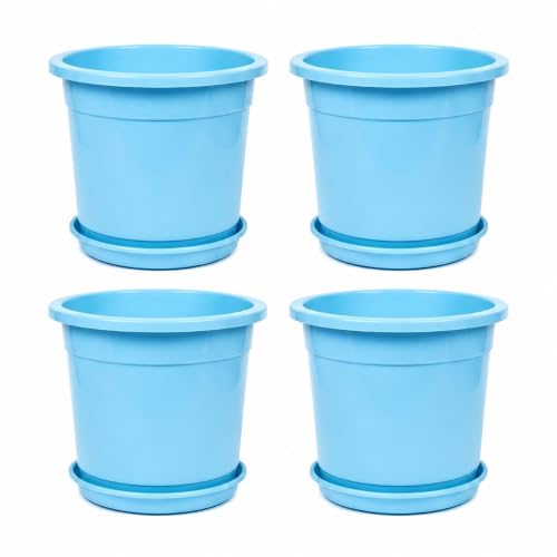 Image of 12 Inch Glossy Plastic Planter with Bottom Plate | Heavy Duty Flower Pot with Tray for Indoor Home Decor, Balcony, Living Room & Outdoor Garden (4 Pot, Ocean Blue)