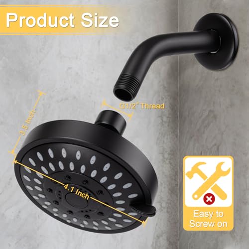 AISOSO Shower Head, 5 Modes High Pressure Shower Heads for Relaxed Shower Experience, 4.1 Inch Bathroom Fixed Showerhead Even at Low Water Pressure for Powerful Spray, Matte Black by Aisoso - Image 2