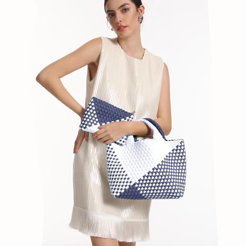 Image of Woven Bag for Women, Neoprene Tote Bag Summer Beach Handbag Purse Retro Handmade Travel Shoulder Bag Set