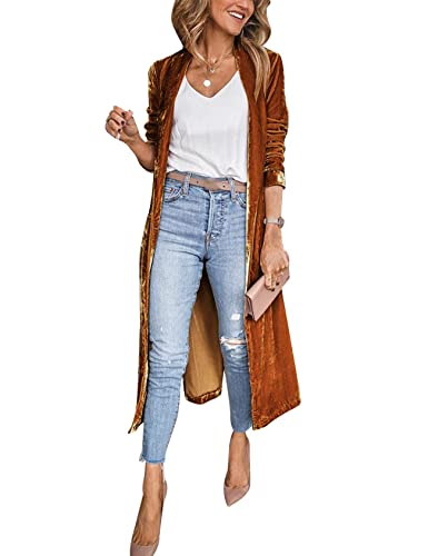 Image of Women's Long Velvet Cardigan Jacket Lapel Collar Open Front Vintage Cardigan Sweater with Pocket
