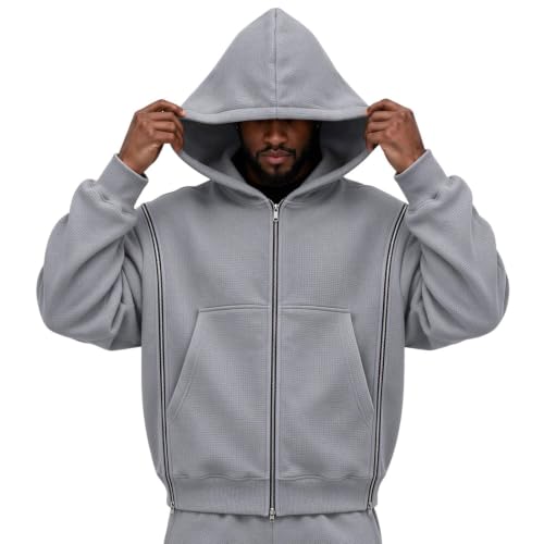 Mens Waffle Hoodies Zip Up Interchangeable Zipups Oversized Golf Sweatshirt - image 1