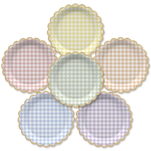 Image of Party Paper Plates, 50-Pack 9-Inch Bulk Disposable Decorative Paper Plates with Gold Scalloped Trim, 6 Assorted Colors for Tea Party, Easter, Garden Party, and Bridal Showers, Gilded Pastel Gingham