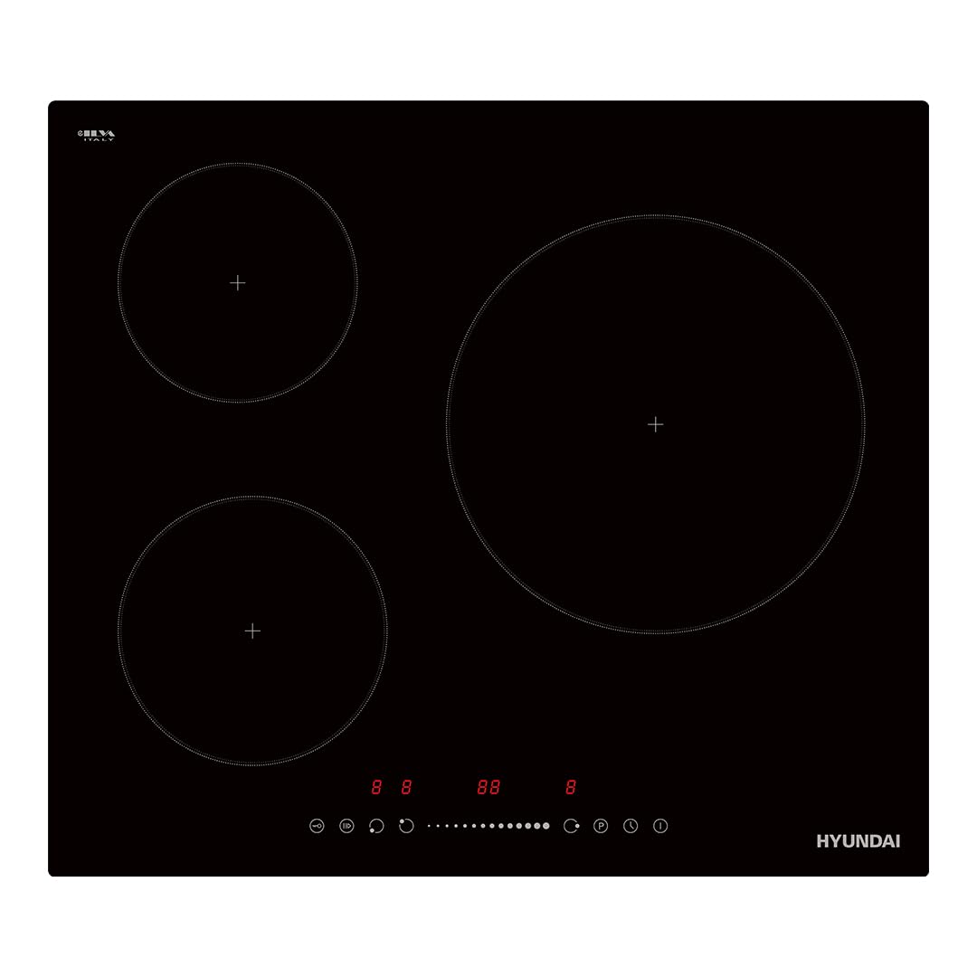 Hyundai Placa de Inducción Cristal Negro HI3601S. Potencia máx. 6680 W, 3 Zonas de Cocción, 9 Niveles, Control Slider táctil, Bloqueo y Autodesconexión de Seguridad