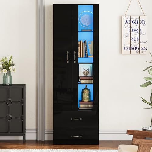 Merax Vitrine mit LED-Beleuchtete, Vitrinenschrank Glasvitrine mit viel Stauraum, Modern Aufbewahrungsschrank Bücherschrank mit Acryltür, Standvitrine Wohnwände für Wohnzimmer Büro Esszimmer, Schwarz