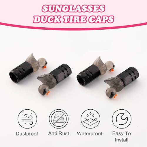 4Pcs Sunglasses Duck Tire Valve Stem Caps, Funny Decorative Covers for Wheels, Cute Car Accessories (Hexagon Black)