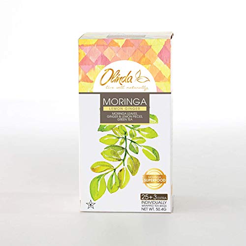 Olinda Moringa Lemon-Moringa Caffeine-Free Green Tea with Moringa Leaves, Ginger and Lemon Pieces, Brew Hot or Cold, 28 Tea Bags