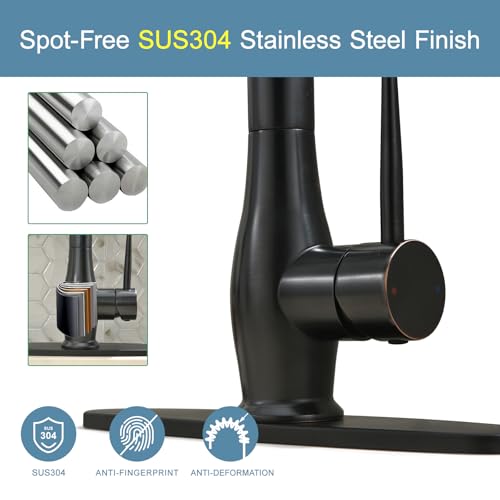 Image of GIMILI Oil Rubbed Bronze Kitchen Faucet with LED Single Handle Kitchen Sink Faucet with Pull Down Sprayer Commercial Double-Headed Stainless Steel Kitchen Faucets Sink with Deck Plate