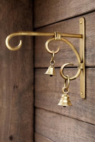 Image of Decorative Brass Finish Wall Bracket with Bells - Hand Forged Antique Golden Metal Hanger for Diya, Lanterns, Wind Chimes & Planters | Indoor Outdoor Wall Decor-Pack of 1