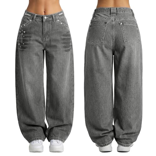 Image of EMMIOL Women Hip Hop 90s Vintage Baggy Jeans Denim Pants Mid Waist Jeans