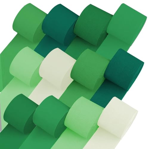 Image of 12 Green & White Crepe Paper Streamers, 984ft Pack of Party Decorations | Each roll is 82 ft long and 1.8 Inch wide ideal for Birthday Party Decor, Graduation Parties and St.Patrick's Day