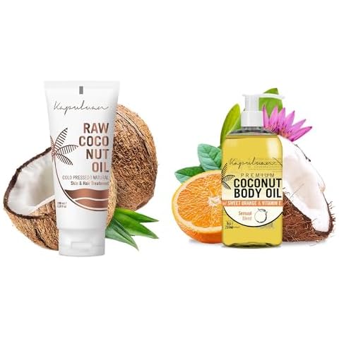 Kapuluan Raw Coconut Oil for Skin, Hair – Raw Extra Virgin Coconut Oil 200ml and Massage Body Oil, Orange Essential Oil - 8 oz - Bundle Cover