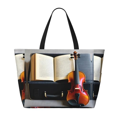 Violin And Book Large Beach Tote Bag Women Beach Tote Bag For Pool Gym Grocery Travel With Multiple Pocket2