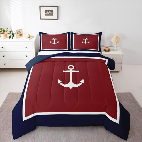 Feelyou Anchor Comforter Set Twin Nautical Navy Blue Bedding Set for Kids Boys Girls Red White Nautical Duvet Quilt Seafaring Patterned Bedroom Decor Classic Coastal 2 Pcs with 1 Pillow Cases