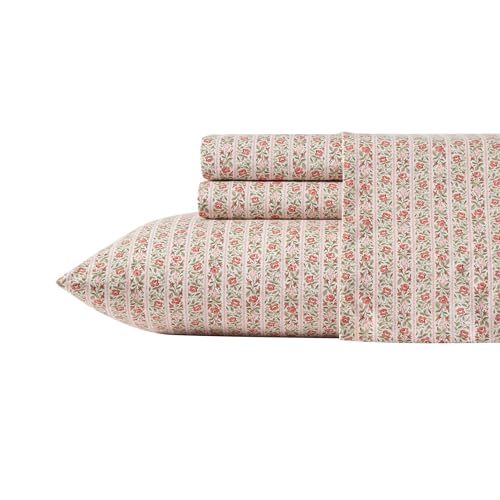 Image of Laura Ashley - Full Size Sheet Set, Crisp & Lightweight Cotton Percale Bedding with Fitted Sheet and Pillowcases, Floral Room Decor, Deep Pocket, College Dorm Room Essentials (Marta Stripe Pink)