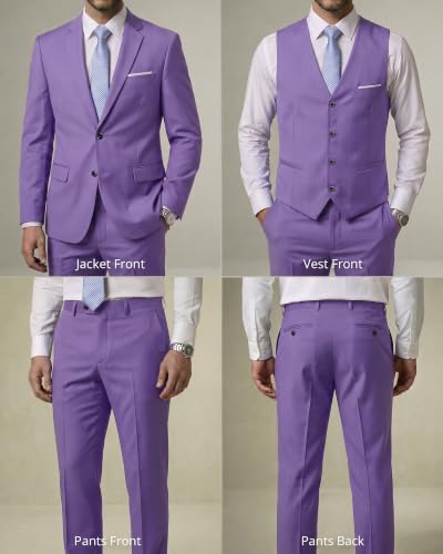Image of YND Men's 3 Piece Suit with Tie, Solid Color Slim Fit Jacket Vest and Pants