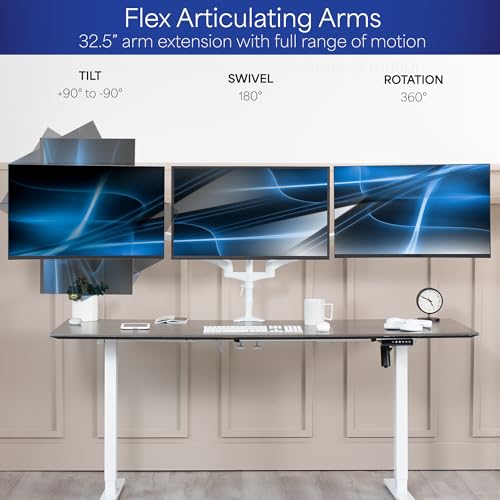 Image of VIVO 17 to 32 inch Triple Pneumatic Monitor Mount, 2 Pneumatic Arms, 1 Fixed, Adjustable Swivel, Rotation, Heavy Duty VESA Desk Stand with C-clamp, Max VESA 100x100, White, STAND-V300GW