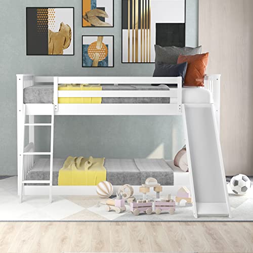 Twin-Over-Twin-Floor-Bunk-Bed-with-Slide-and-LadderSolid-Pine-Wood-Low-Bunkbeds-wSafety-GuardrailsNo-Box-Spring-Needed-Noise-Free-for-Dorm-Bedroom-Guest-Room-White