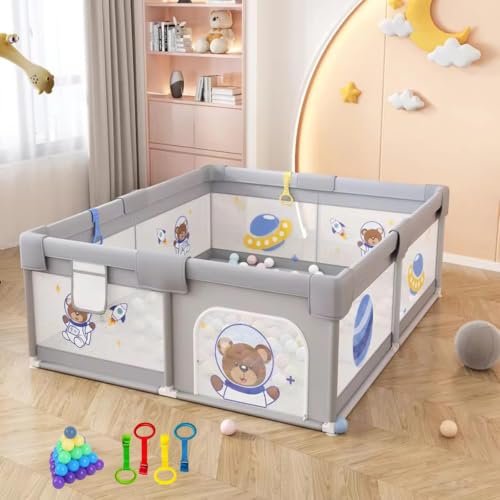 Image of MONSTECH Large Baby Playpen 150x180cm Pit Balls Playpen for Baby up to 5 Years with Anti-Fall Rings, Safety Lock, Breathable Mesh, Kids Activity Center Play Pen (Large-GreyPrint)