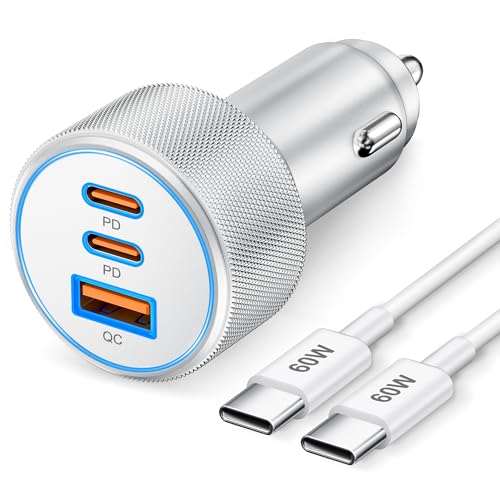 67W 3-Port Super Fast Type C Car Charger USB C for iPhone 17/Air/16/16e/15 Pro Max, Samsung Galaxy S25 S24 S23, Pixel, Android, Car Adapter Accessories for Men Women + 3FT USB-C Cable Silver