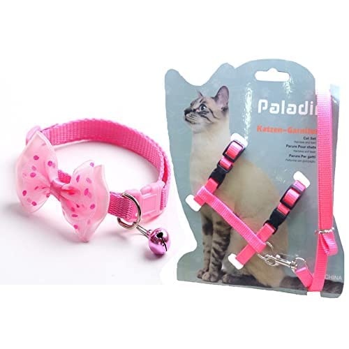Dog Trust 1Pc Cat Collars with Bow Tie 1Pc Cat Body Harness Leash Nylon Set 10mm Adjustable Puppy Kitten Or Puppy Necktie Collar, Combo Pack of 2 (Color May Vary) (Pink Cat Collar and Harness Set)