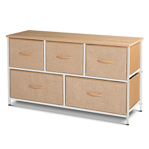 TOOCA 5 Drawer Dresser Wide Fabric Dresser Storage Tower Storage Organizer Unit for Bedroom Closet Livingroom Office with Sturdy Steel Frame Easy Pull Fabric Bins for Clothing, Blankets,Toys