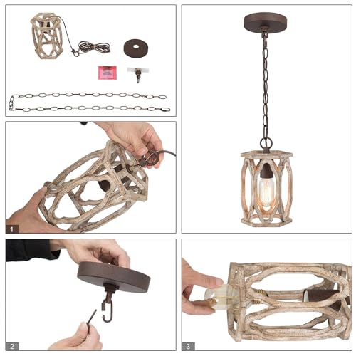 Image of KSANA Farmhouse Pendant Light, Wood Rustic Cage Lantern Hanging Light Fixture for Kitchen Island, Foyer, Hallway, Bedroom and Entryway
