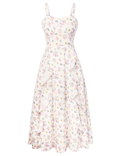 Image of Belle Poque Sun Dresses for Women Spring Summer Floral Midi Flowy Spaghetti Ruffle Wedding Guest Tea Party Dress