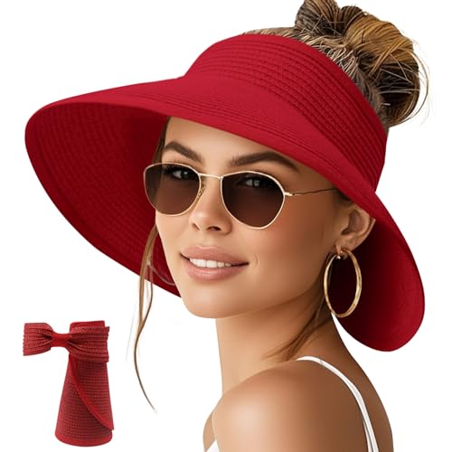 Image of NPQQUAN Sun Visor Hats for Women Wide Brim Ponytail Straw Beach Hat Packable Foldable UPF 50+ Floppy Travel Hats