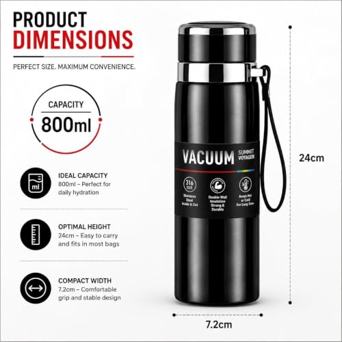Image of Stainless Steel Vacuum Insulated Water Bottle | Double Wall Flask for Hot & Cold Beverages | Leakproof Travel Bottle for Office, Gym, School & Outdoor | Silver | (Black, 800 Ml)