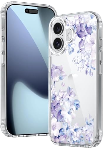 Image of Elzzi Clear Transparent Flower Cover for iPhone 17 Case Shockproof Floral Design Full Camera Protection Shockproof PC+TPU Transparent Cover for Girls & Women (Purple)