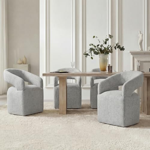 Image of KISLOT Upholstered Dining Chairs Set of 4, Modern Arm Kitchen & Dining Room Chairs with Hidden Casters, Linen Fabric Padded Rolling Chairs, Sturdy Wood Frame, 300 lbs Capacity, Light Grey