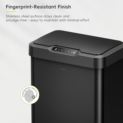 Image of EKO Mirage-T 50 Liter / 13.2 Gallon Touchless Rectangular Motion Sensor Trash Can or Recycling Bin, Brushed Stainless Steel Finish (Matte Black)