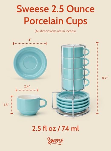 Image of Sweese 2.5 Ounce Porcelain Stackable Espresso Cups with Saucers and Metal Stand Set of 4, Turquoise