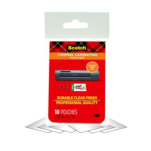 Image of Scotch Thermal Laminating Pouches Premium Quality, 5 Mil Thick for Extra Protection, 10 Pack ID Badge with Clip Laminating Sheets, Our Most Durable Lamination Pouch, 2.4 x 4.2 inches (TP5852-10)