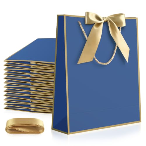 Image of JMANNI 12 Pcs Wedding Paper Gift Bags with Handle,13 inch Medium Thank You Gifts Bags with Ribbon Bow Bridal Shower Gifts for Baby Shower Graduation Holiday Birthday Party Supplies Mothers Day（blue gold）