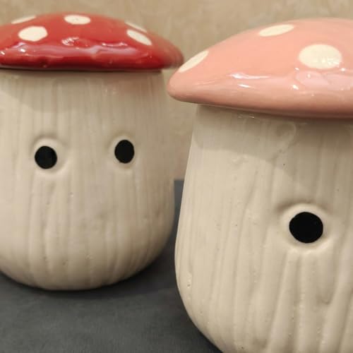 Image of Mushroom Ceramic Mugs Set of 2 Red Pink | 300ml Coffee Tea Cups with Lids Polka Dot | Microwave Dishwasher Safe | Valentine Couple Gift | Kawaii Home Decor Kitchen Dining Handmade India