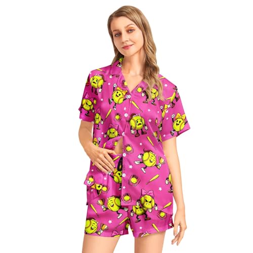 Image of Funny Pajamas for Women Set Print Satin Loungewear Pjs Short Sleeve Button Down Top and Shorts Sets Sleepwear XS-3XL
