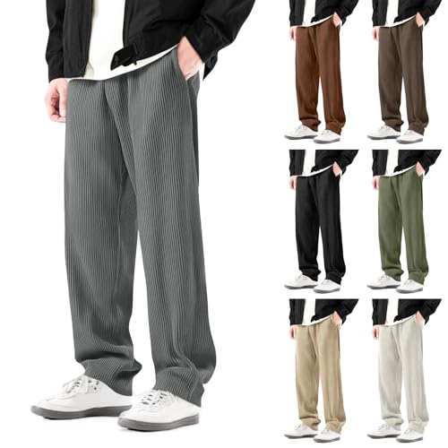 Corduroy Pants Men Drawstring Elastic Waist Wide Leg Casual Pants Relaxed Fit Workout Baggy Sweat Pants with Pockets