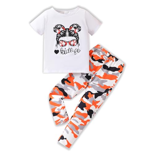 Image of 2PC Kids Outfit Toddler Girls Clothes Figure & Letter Print Short Sleeve Top + Camo Print Pants Set(7-8T)