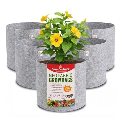 Image of Casa De Amor 400 GSM Geo Fabric Plant Grow Bag, Light Grey 10 x 10 Inch Pack of 5, Round Fabric Pots for Terrace, Balcony, Flowers & Vegetable Gardening