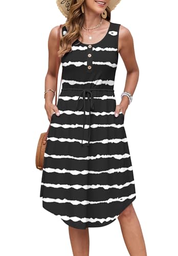 Image of AUSELILY Drawstring Waist Dress for Women Sleeveless Sundress Casual Summer Scoop Neck Swing Midi Dresses 2025 with Pockets
