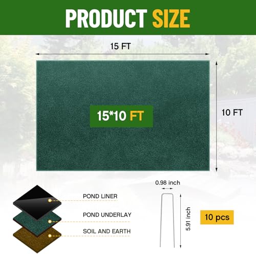 Image of Fanfanwin 10 x 15 ft Pond Liner Underlayment with 10 U-pins, 6oz, Green