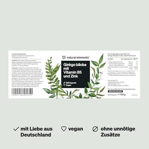 natural elements Ginkgo biloba – optimal dosiert mit 3750mg pro Kapsel (50:1 Extrakt) – 365 Kapseln – mit Vitamin B5 & Zink – vegan, ohne unnötige Zusätze – in Deutschland produziert & laborgeprüft