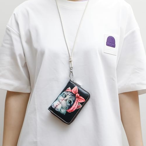 RFID Credit Card Holder Wallets for Women Leather Zipper Card Case for Ladies Holder Wallet with Neck Lanyard Black Bow Cat2