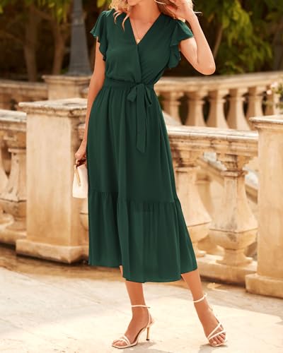 Image of BTFBM Women Summer Bohemian Floral Casual Wrap V Neck Ruffle Cap Sleeveless Belt A-Line Pleated Hem Midi Sun Dress White